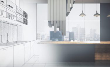 Abstract unfinished kitchen interior drawing. Engineering and blueprint concept. 3D Rendering